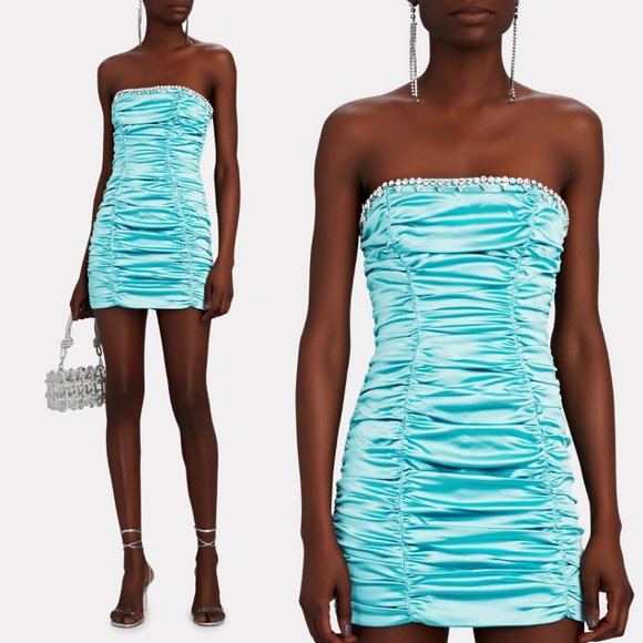 NWT Area Strapless Mini Dress Sz 2 Turquoise Crystal-Embellished Ruched Bodice